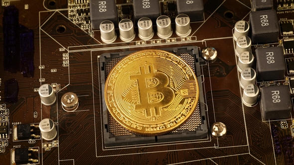 Gold Bit Coin BTC Coins on the Motherboard. Bitcoin Is a Worldwide Cryptocurrency alt