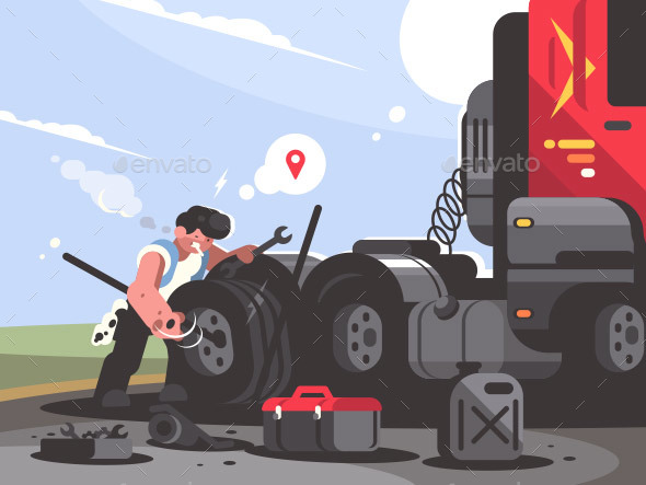 Truck Driver Repairing Car - People Characters
