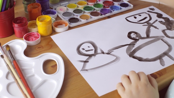 Young Depressed Girl Draws Her Family with Black Paints