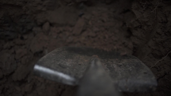 To Dig in the Shovel. Footage. Soil with Shovel View of a Shovel. , Shallow DOF. Digging Spring Soil alt