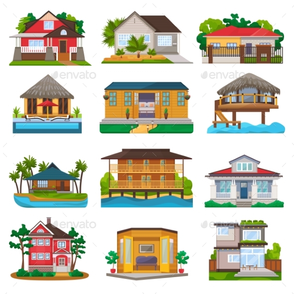 Villa Vector Facade of House Building and Tropical - Seasons/Holidays Conceptual