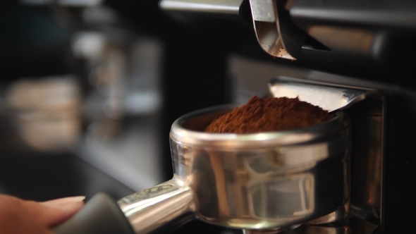 Barista Grinding Coffee Beans in Professional Grinder Machine alt