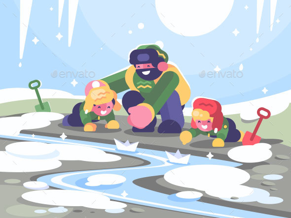 Father with Children Launch Paper Boats - Miscellaneous Vectors