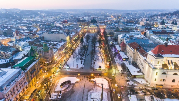 Aerial View of Lviv City Centre in Snow From Above in Winter. Lviv, Ukraine.