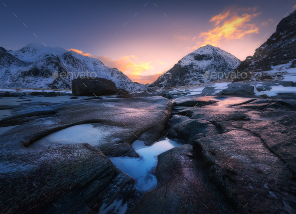 Sunrise in Utakleiv beach, Lofoten, Norway - Stock Photo - Images