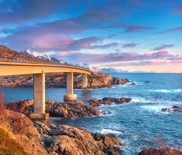 Beautiful bridge at sunrise in Lofoten, Norway - Stock Photo - Images