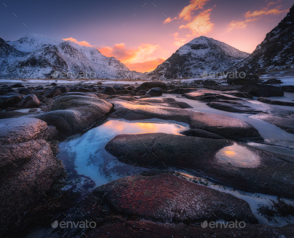 Sunrise in Utakleiv beach, Lofoten, Norway - Stock Photo - Images