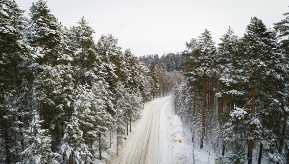 Aerial view of a winter road. Winter landscape countryside. Aerial photography of snow forest. Stock Photo by gargantiopa