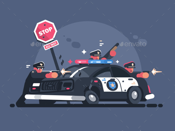 Police Patrol Fires From Behind Car - People Characters