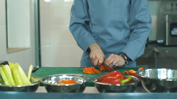 Chef Cooking Food Kitchen Restaurant Cutting Pepper
