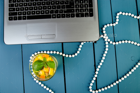 Modern women workplace with notebook or laptop. - Stock Photo - Images
