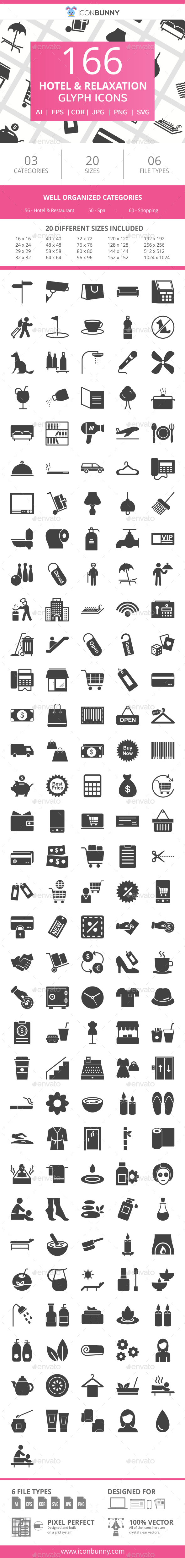 166 Hotel & Relaxation Glyph Icons - Icons