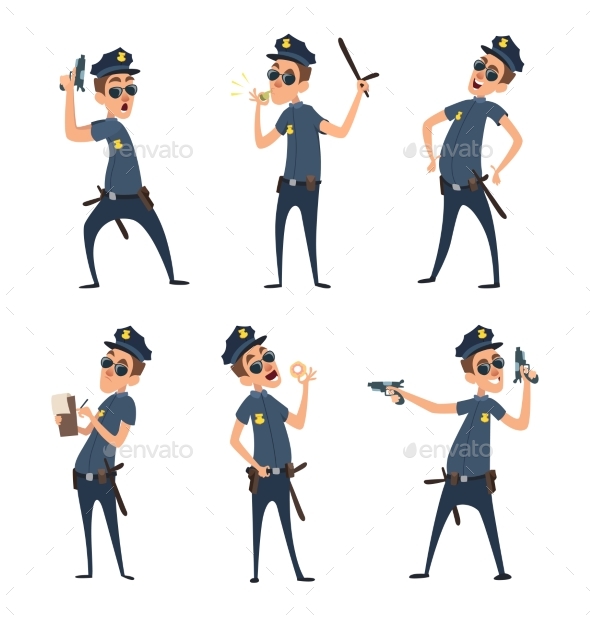 Policemen in Different Action Poses. Security Mens - People Characters
