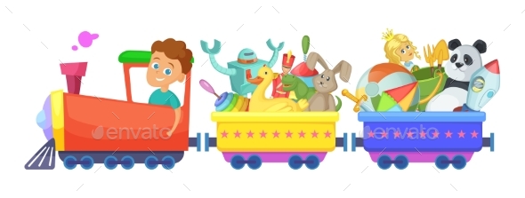 Childrens Toys in Train. Vector Cartoon - Objects Vectors
