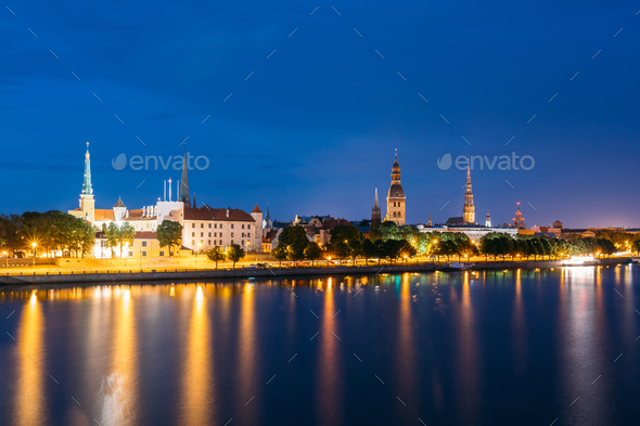 Evening In Riga, Latvia. Night View With Blue Sky. Copyspace. No - Stock Photo - Images
