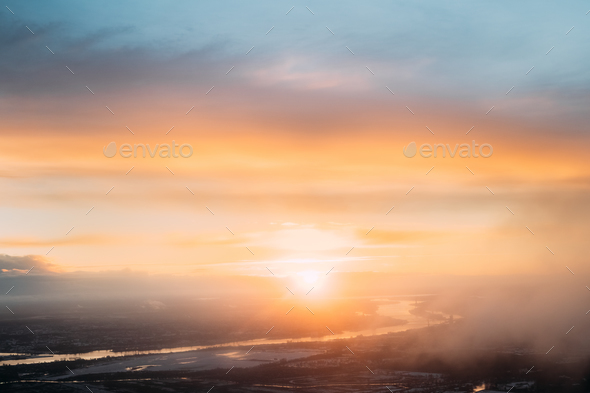 Sunset Sunrise Over Earth. Aerial View From High Altitude Flight - Stock Photo - Images