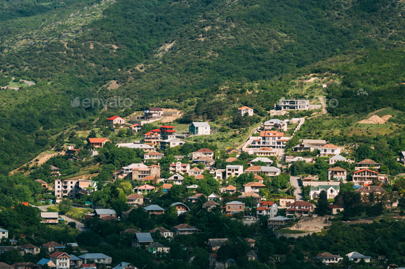 Mtskheta Georgia. Top View Of New Cottage Village Surrounded By - Stock Photo - Images
