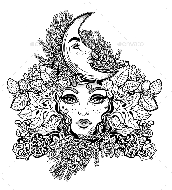 Shaman Woman with Crescent Moon in Ferns - Flowers & Plants Nature