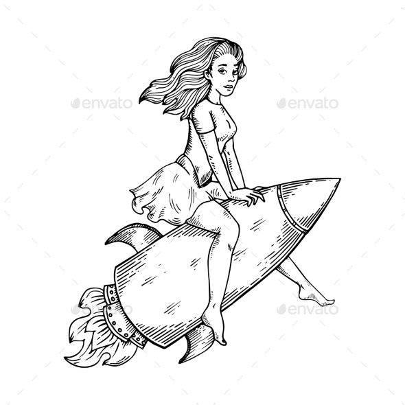 Woman Flying Rocket Engraving Vector - People Characters