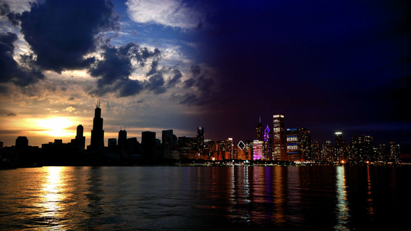 Chicago Skyline Reflected on the Lake at Sunset