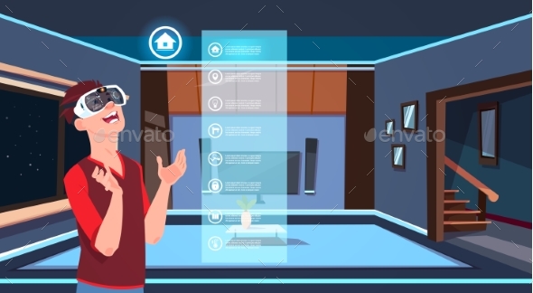 Man in 3d Glasses Using Smart Home App Over Living - Miscellaneous Vectors