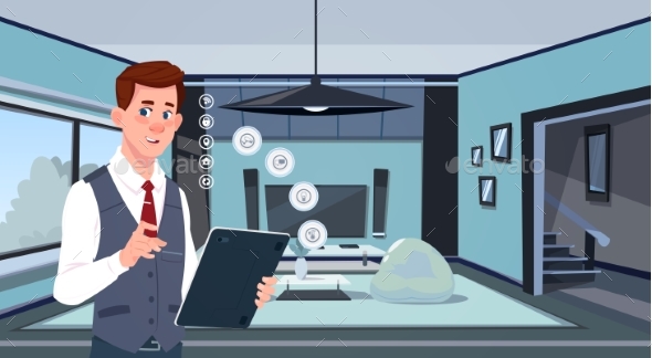 Man Holding Digital Tablet Using Smart Home App - Communications Technology