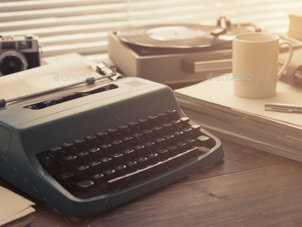 Writer and journalist vintage desktop with typewriter - Stock Photo - Images