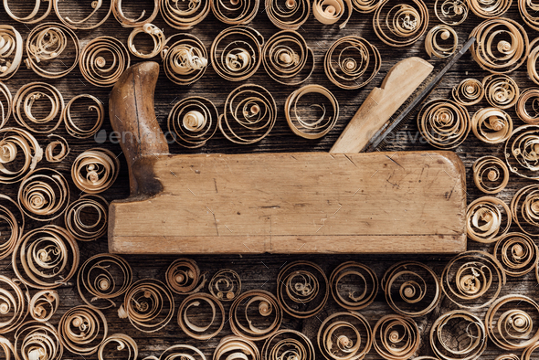 Old wood planer and shavings - Stock Photo - Images