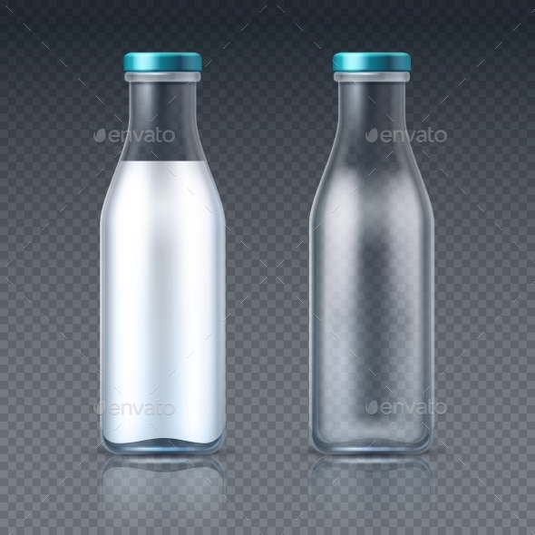 Glass Beverage Bottles Empty and with Milk - Food Objects