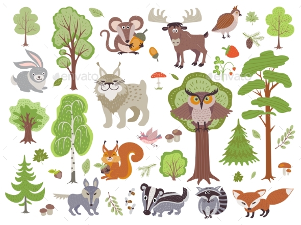 Big Set of Wild Forest Animals Birds and Trees - Miscellaneous Vectors