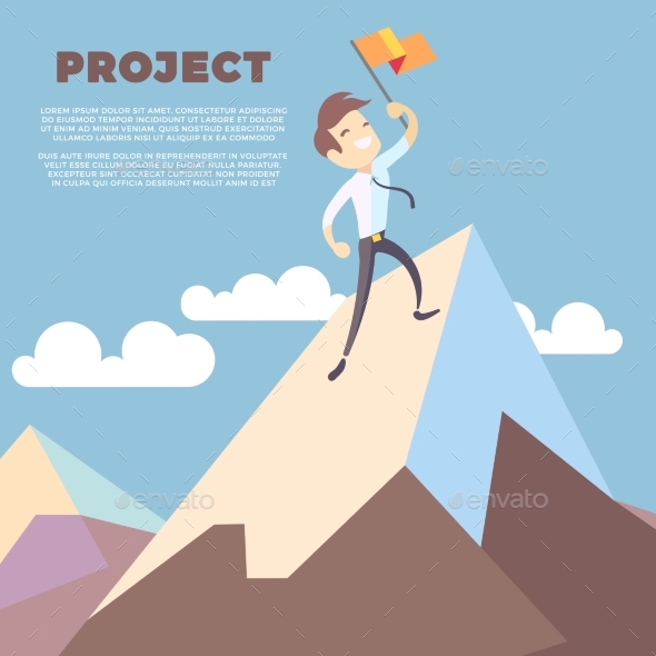 Business Man Holding Flag on Mountain Peak Vector - People Characters
