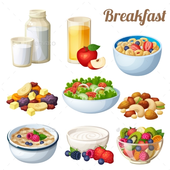 Breakfast 2. Set of Cartoon Vector Food Icons - Food Objects