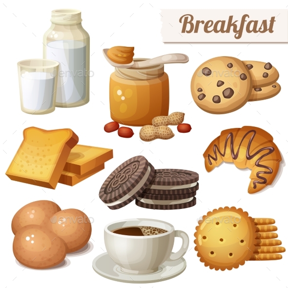 Breakfast 3. Set of Cartoon Vector Food Icons - Food Objects