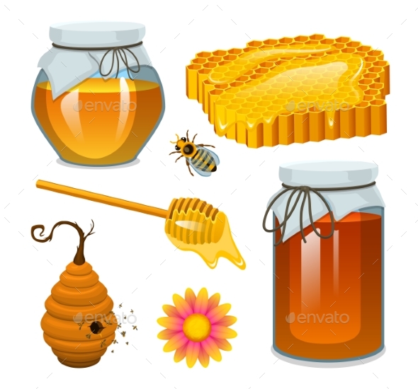 Honey in Jar, Bee and Hive, Spoon and Honeycomb - Food Objects