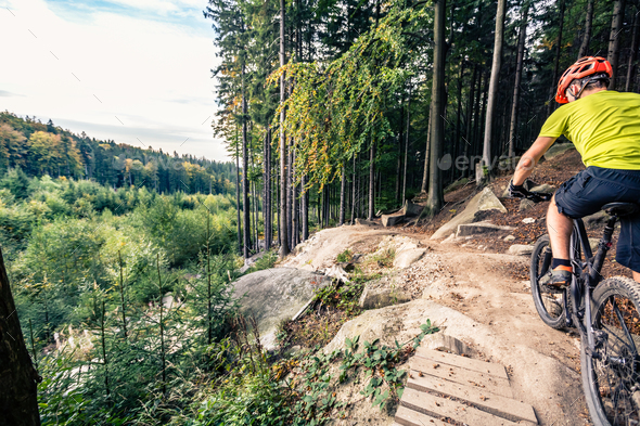Mountain biker riding cycling in autumn forest - Stock Photo - Images