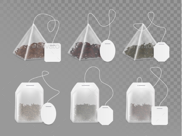 Tea Bag with Empty White Label Vector Mock Up Set - Food Objects