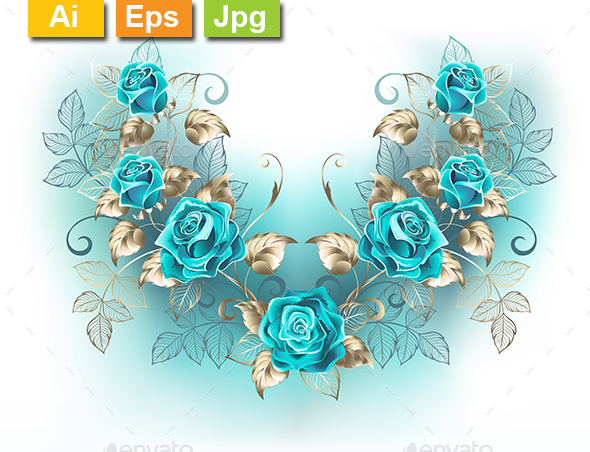 Symmetrical Composition with Turquoise Roses - Flourishes / Swirls Decorative