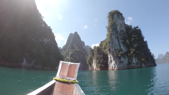 Boat Ride , Tropical Thai Jungle Lake Cheo Lan, Wooden Mountains Nature, National Park Ship Yacht alt