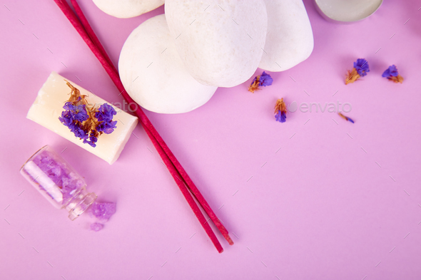 Spa concept. Aromatic candles, soap beauty and Spa cosmetic - Stock Photo - Images
