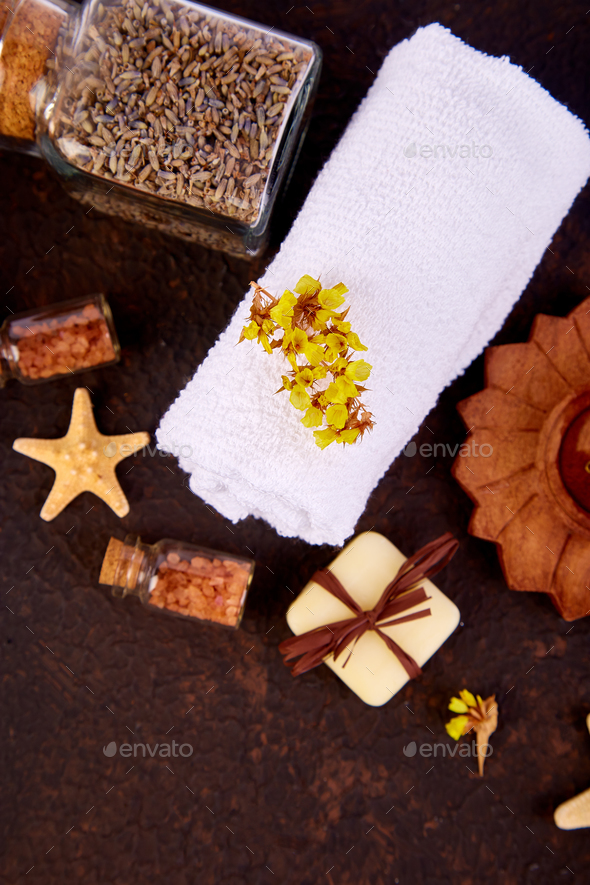 Spa concept. Aromatic candles, soap beauty and Spa cosmetic - Stock Photo - Images