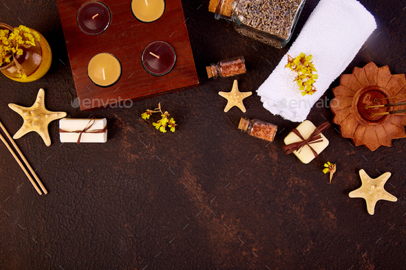 Spa concept. Aromatic candles, soap beauty and Spa cosmetic - Stock Photo - Images