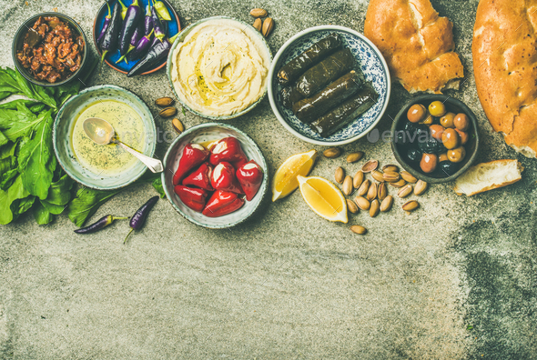 Mediterranean or Middle Eastern meze starter fingerfood platter, copy space - Stock Photo - Images