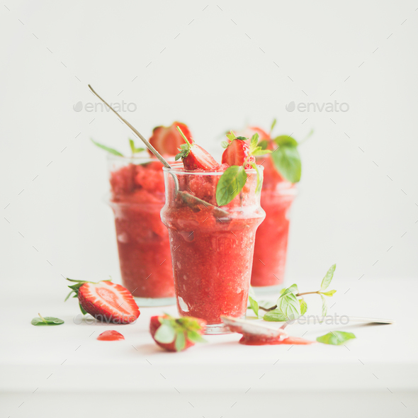 Strawberry, champaigne summer granita in glasses, copy space, square crop - Stock Photo - Images