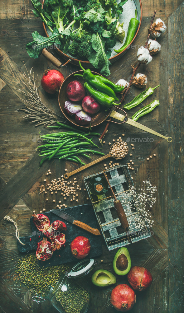 Winter vegetarian or vegan food cooking ingredients, vertical composition - Stock Photo - Images