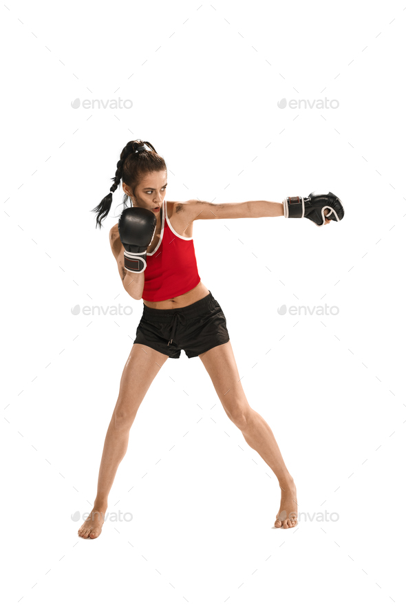 Fit beautiful woman with the boxing gloves isolated on white background - Stock Photo - Images