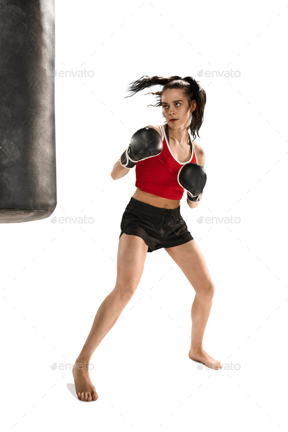 Fit beautiful woman with the boxing gloves isolated on white background - Stock Photo - Images
