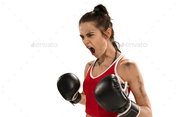 Fit beautiful woman with the boxing gloves isolated on white background - Stock Photo - Images