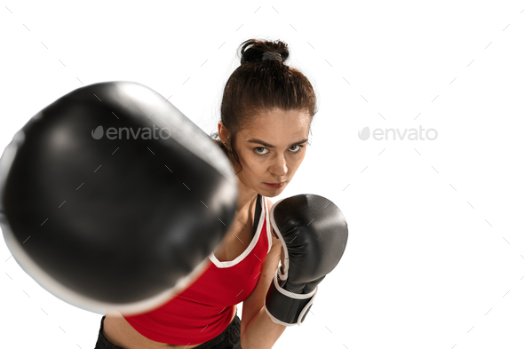 Fit beautiful woman with the boxing gloves isolated on white background - Stock Photo - Images