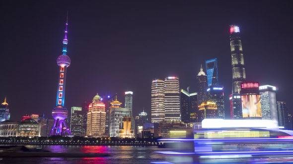 Illuminated Shanghai Skyline. Lujiazui Financial District and Huangpu River. China alt
