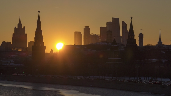 Moscow Kremlin Towers and Moscow City Business Center at Sunny Sunset alt